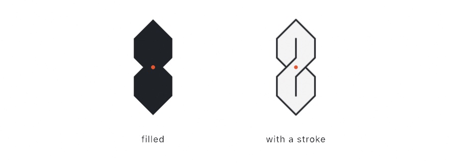 The pointed notebook S twice: as a solid ink silhouette, and washed pale with a stroke tracing its outline