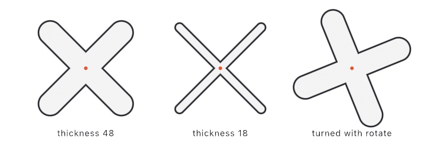 The round-capped X three times: with chunky arms, with thin arms, and turned off-axis, each with its center marked
