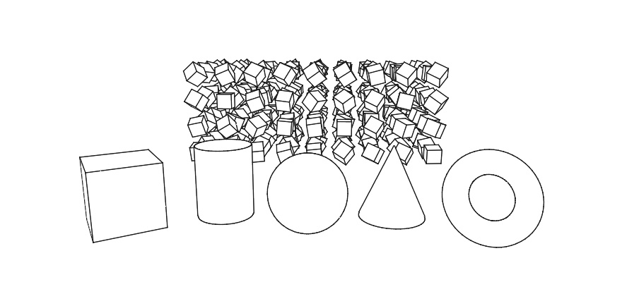 Line work on white paper: a box showing three faces and its visible edges, a cylinder with its top rim, the front half of its bottom rim, and its two sides, a sphere as a plain circle, a cone, and a torus as two rings. Behind them a block of small turned boxes, each inked only along its own edges, the near boxes hiding the edges of the ones behind