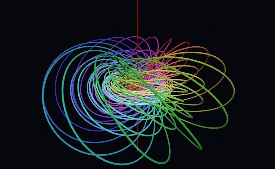 Nested rings of colored tubing seen at an angle, running from pink and violet at the tight center out through green and blue to orange at the widest, every ring passing through every other, with a thin red line standing vertically through the middle of them all
