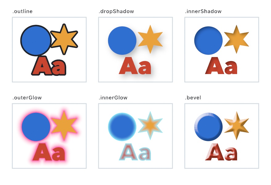 Six panels, each holding the same blue disc, gold six-pointed star, and red letters Aa. The first has a dark outline around every shape; the second a soft shadow below and to the right; the third a shadow inside the top and left edges; the fourth a pink halo; the fifth a pale cyan glow just inside every edge; the sixth a rounded rim lit from the upper left