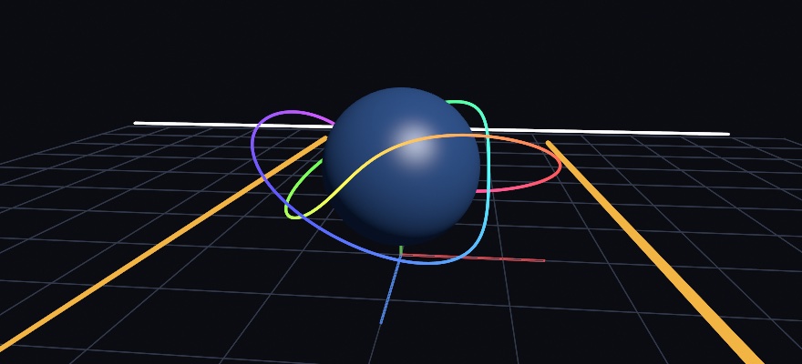 A blue sphere on a dark ground grid, with a knot of line looping round it through every hue, passing in front of the sphere and disappearing behind it. A straight white line runs behind the sphere and is hidden where the sphere covers it. Two orange lines run back across the floor: the left one keeps its width all the way back, the right one is wide in front and thins to a hair as it recedes. Short red, green, and blue axes stand at the origin under the sphere