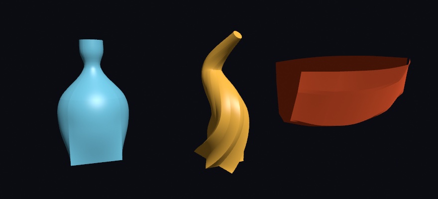 Three objects on a near-black ground: a pale blue bottle rising from a square foot through a round belly to a narrow neck and lip; a golden horn along a bending spine, a six-pointed star at its wide end rounding into a circle as it turns and narrows; and an orange boat hull, open on top, lofted through U-shaped ribs from a sharp bow to a flat stern