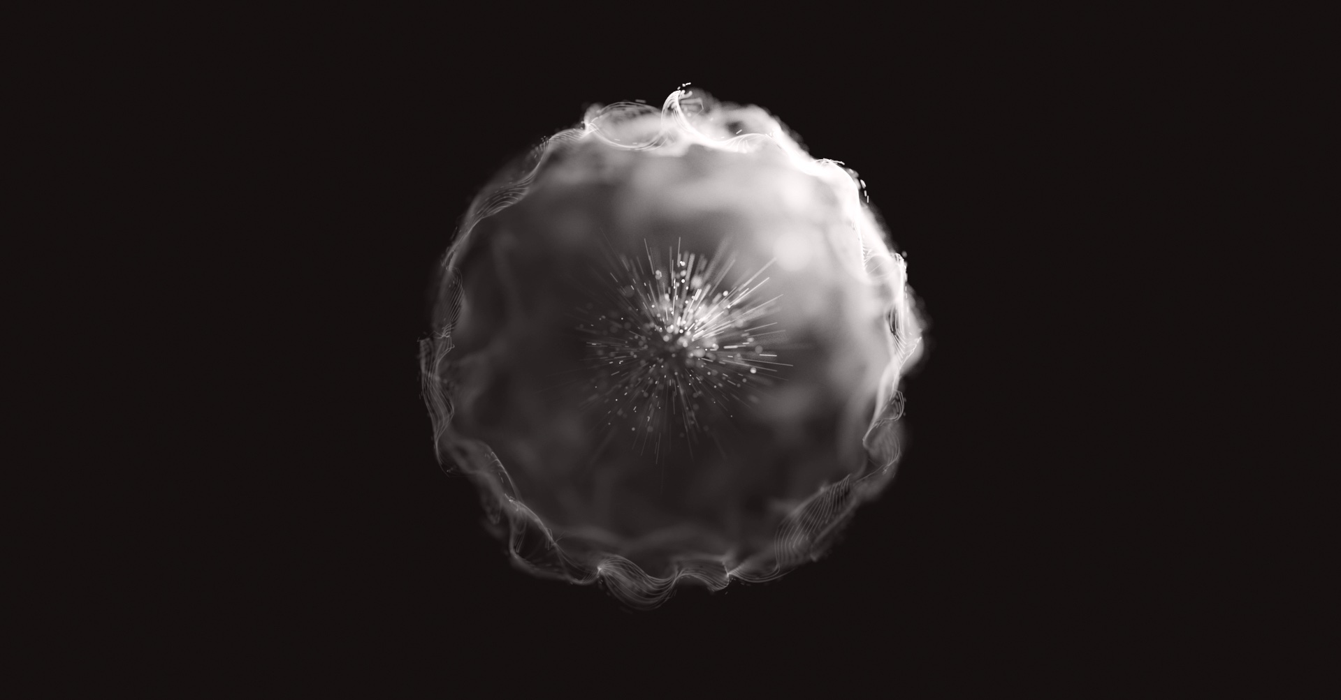 A sphere made of a hundred and fifty rings of latitude seen through a real lens: the rim on the lit side crisp and bright, the far side dissolved into pale fog, and a burst of light at the center where short spokes pile up