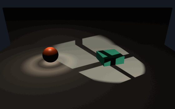 A dark room with a sphere and a low slab. On the left an orange downlight pools a hot disc around the sphere with a faint ring of spill just outside it. On the right, warm window panes with a cross of mullion shadow lie across the floor and climb over the slab, rocking slowly from side to side