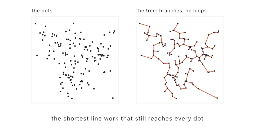 The same clustered dots twice: alone on the left, and joined on the right by an orange minimum spanning tree, trunks where the dots crowd and twigs feathering outward, with no loops anywhere