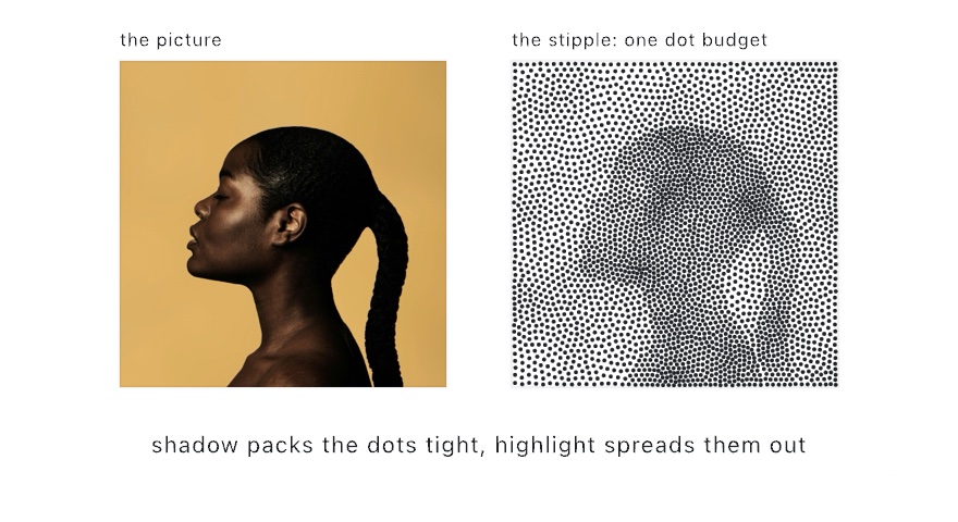 A photograph of a woman in profile against a plain tan ground beside the same picture as a stipple: black dots on cream, packed tight where the head and the braid are dark, and spread thin across the ground