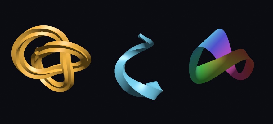 Three objects on a near-black ground: a golden five-pointed star section swept round a trefoil knot, turning one full turn as it goes; a pale blue square section rising round a spiral, tapering toward its top and turning one full turn; and a ribbon looping between two curves, painted through the hues of the rainbow