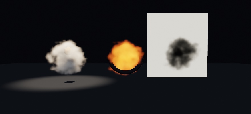 Three balls of noisy cloud on a dark floor. On the left, white smoke lit from above by a warm spot, a small ball inside it half veiled by the smoke in front, and the ball's shadow running down through the smoke. In the middle, orange fire glowing from inside, a thin dark ring passing through it. On the right, gray-black ink in front of a pale wall, darkening the wall most where the ink is thickest