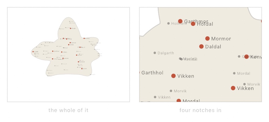 The same generated chart twice: on the left the whole island, where the place names are an illegible smudge, and on the right the view four notches in, where the same names are crisp and readable