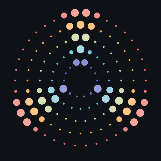 Waves of light chasing around concentric rings of colored dots, looping seamlessly