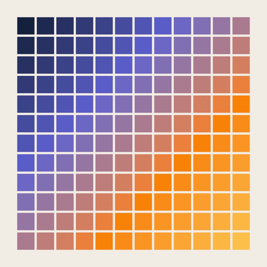 A twelve-by-twelve grid of square tiles fading from midnight blue to amber along the diagonal