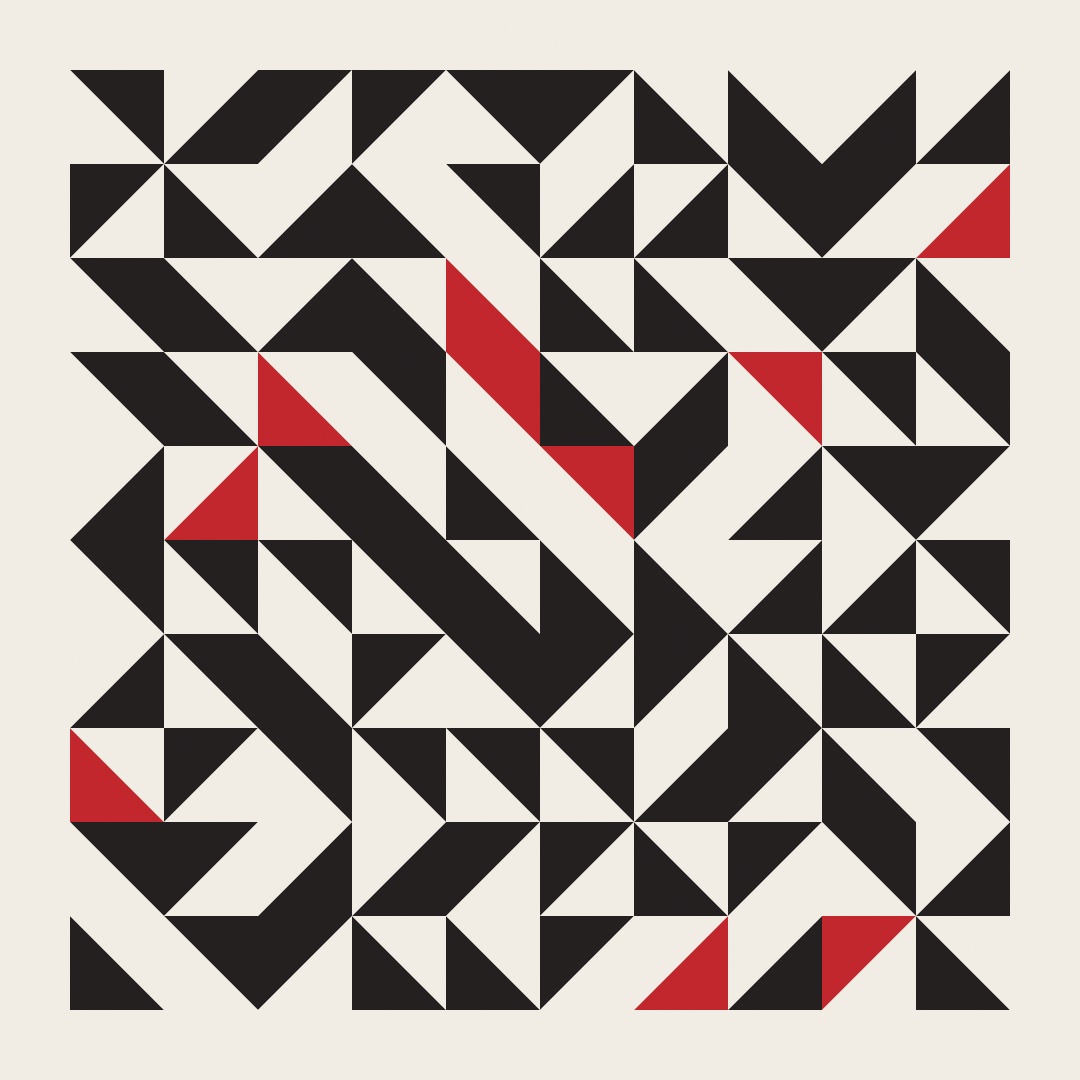 A ten-by-ten field of black right triangles at random quarter turns, a few in red; pinwheels, hourglasses, and arrows emerge from the repetition