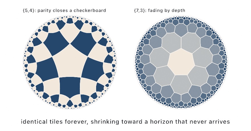 Two Poincaré disks side by side. Left: pentagons meeting four to a corner in a crisp ivory-and-indigo curved checkerboard. Right: heptagons meeting three to a corner, ivory at the center deepening to indigo as the tiles shrink toward the circular horizon
