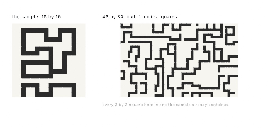 Left, a sixteen by sixteen hand-drawn plan of thick black walls; right, a forty-eight by thirty picture in the same style, with the same wall thickness and the same corners, arranged completely differently
