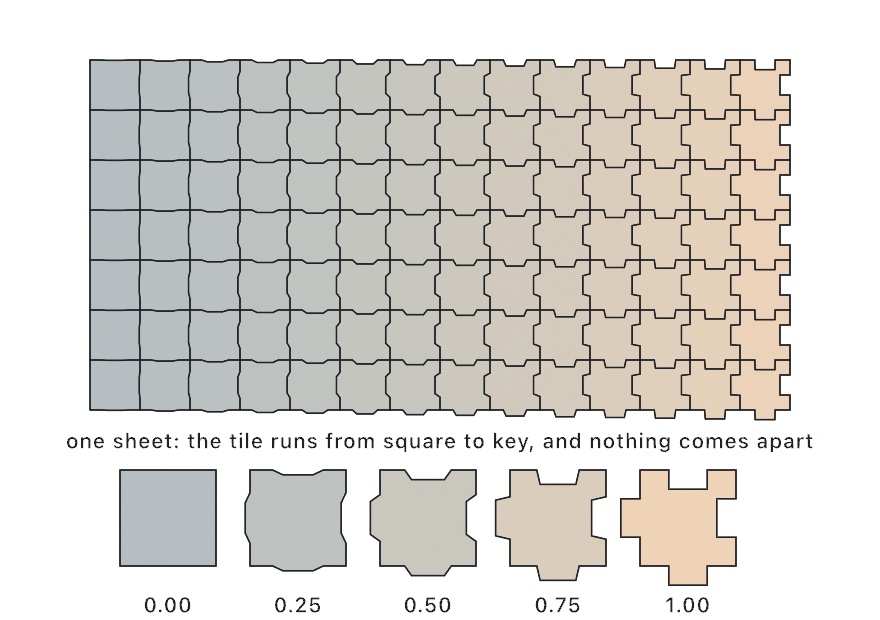 A sheet of interlocking tiles running from plain squares on the left to notched keys on the right, with five of the tiles lifted out below and shown on their own
