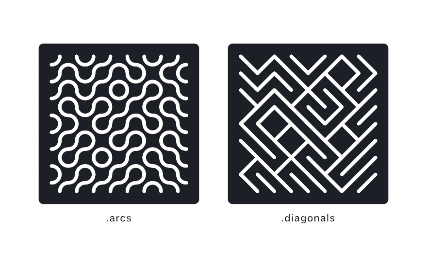 Two panels of white line work on dark squares: quarter-circle arcs joining into meandering loops, and corner-to-corner diagonals forming a maze