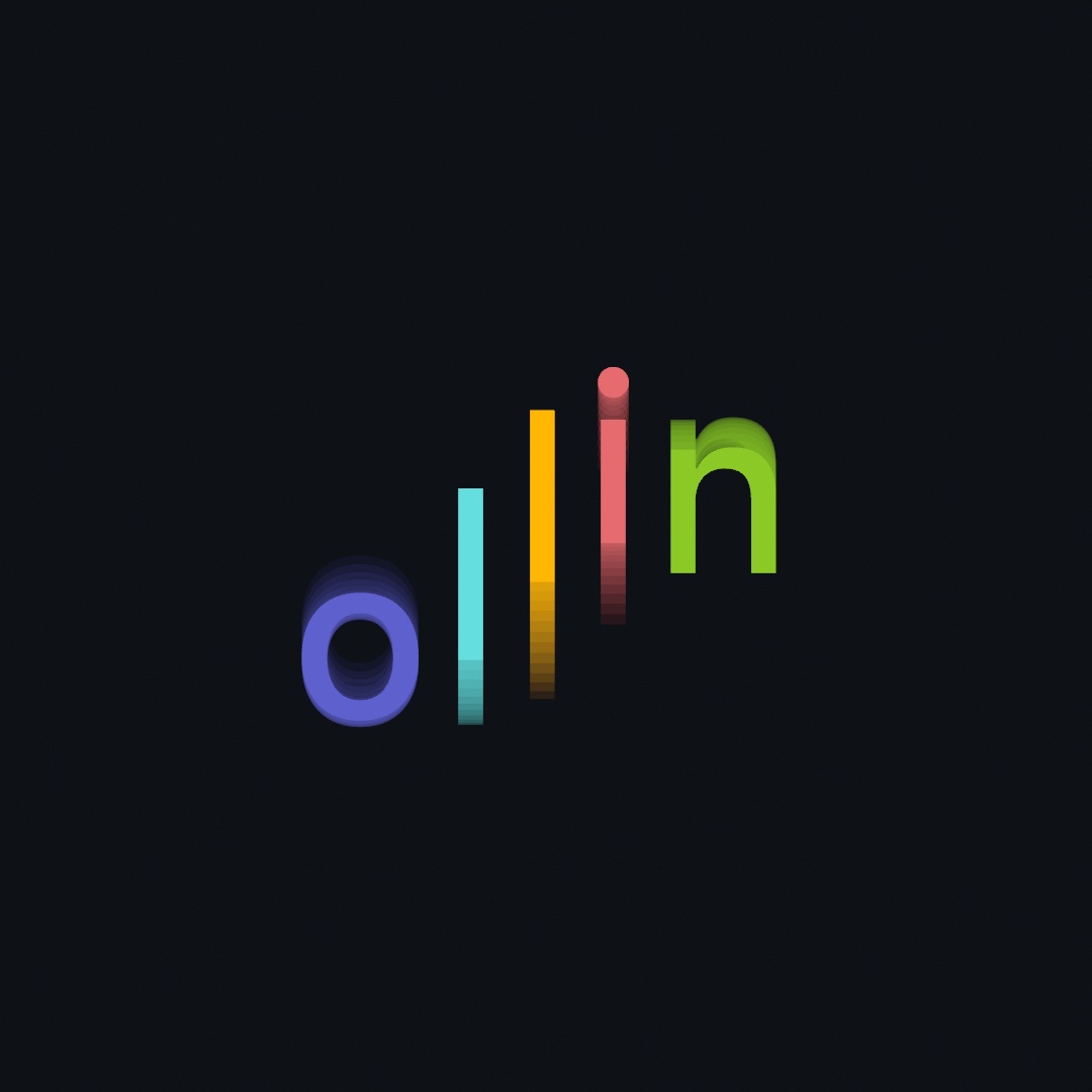 The word ollin in five colors, each letter displaced vertically along a wave, with soft fading echoes trailing each letter's motion