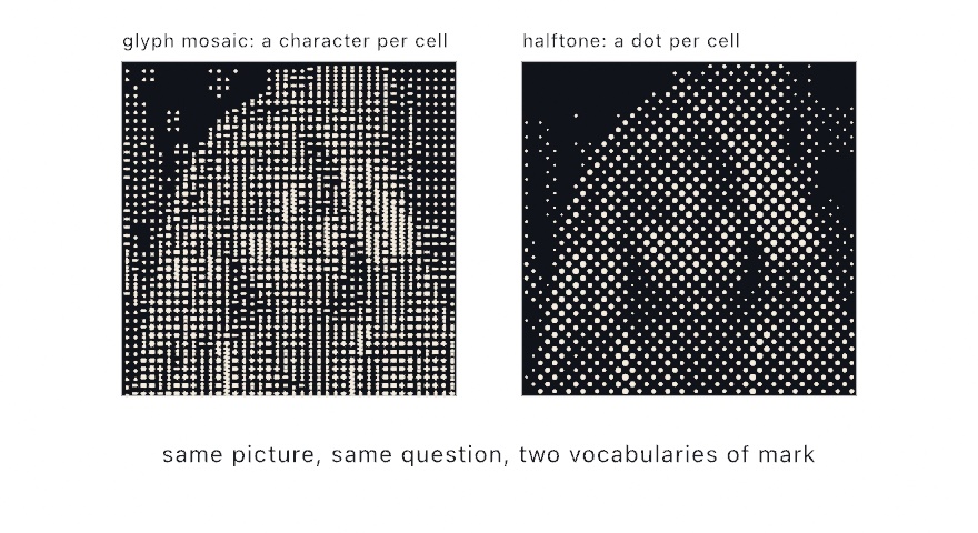 Two dark panels showing the same sunset: on the left a mosaic of ASCII characters that get denser toward the sun, on the right a halftone screen of dots that grow toward the sun