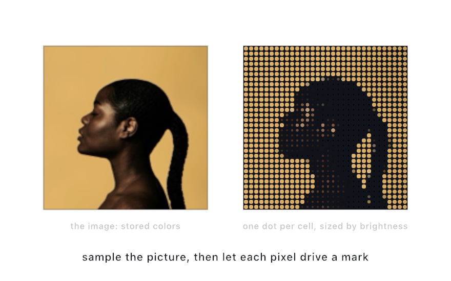 Left, a small sunset image; right, the same image redrawn as a grid of dots, each dot taking its pixel's color and sized by its brightness