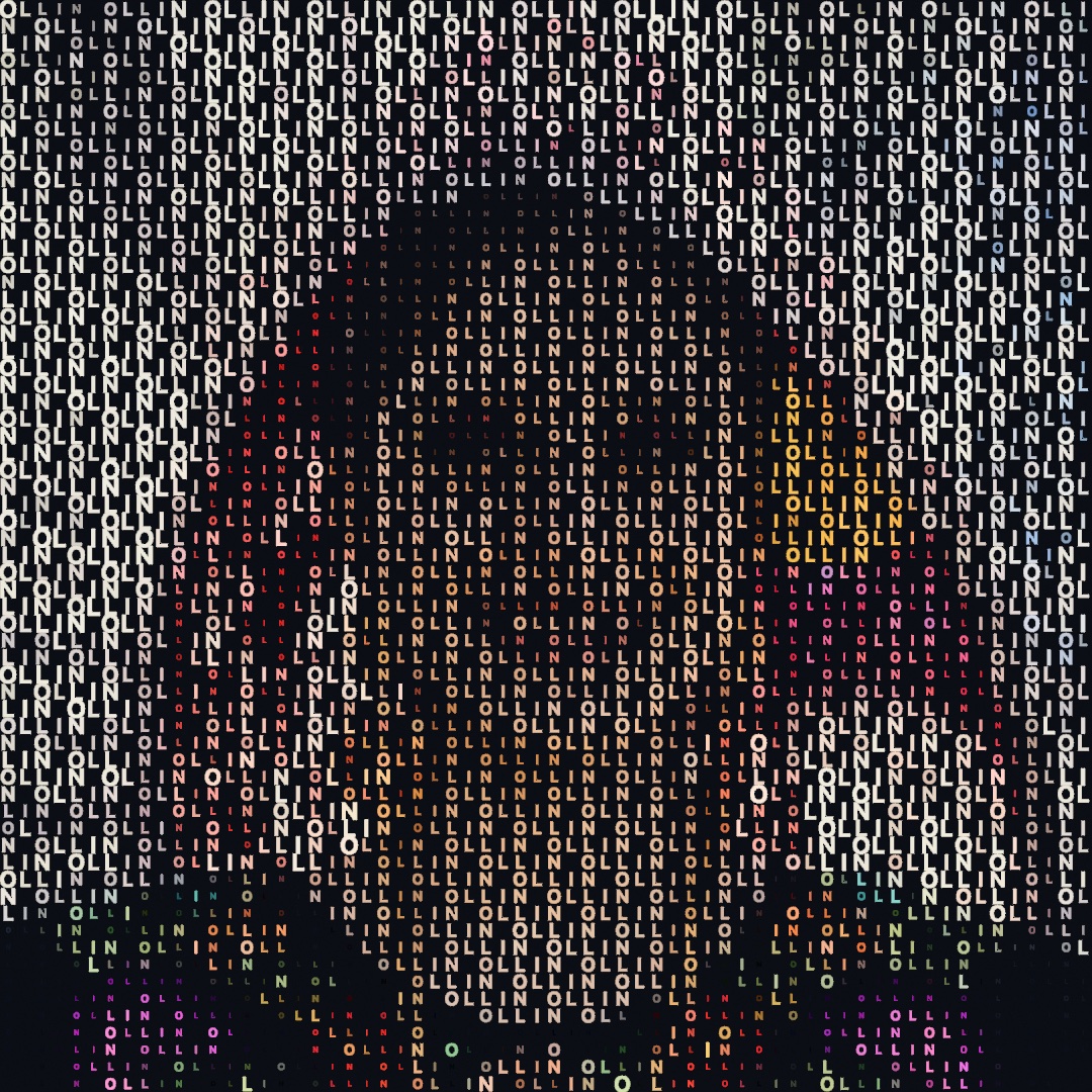 A portrait built entirely from one word repeated in a grid, colored and sized by the image beneath