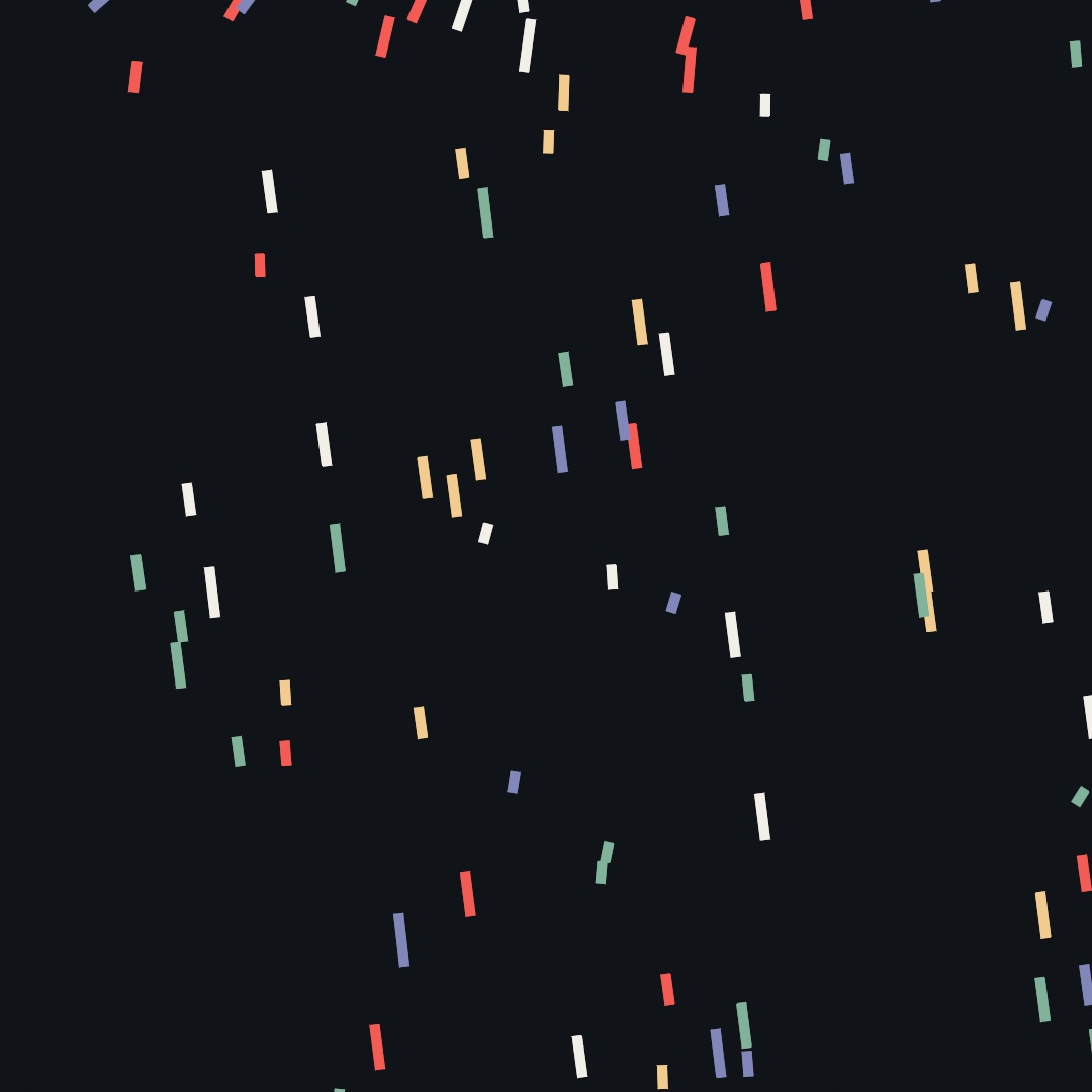 A shower of small colored paper pieces falling through a dark canvas, most of them close to upright, and a few of the short pieces leaning a little