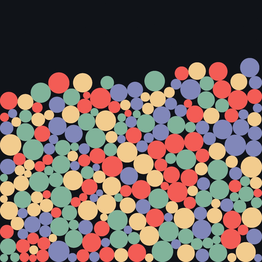 Hundreds of colored discs of mixed sizes settled into a heap that fills the lower two thirds of a dark canvas, none overlapping
