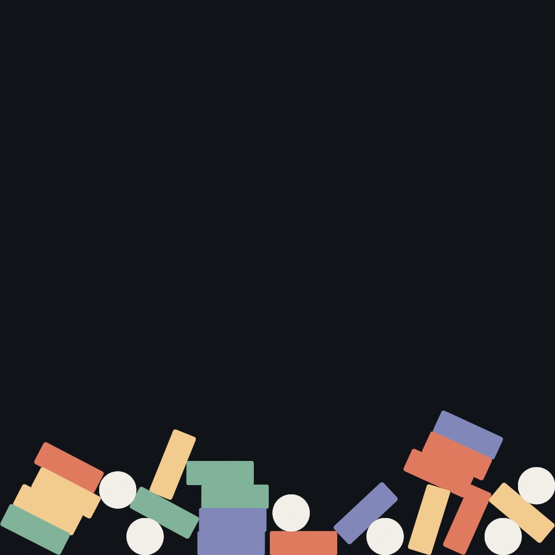 Rounded boxes in coral, sand, sage, and lavender and pale cream discs lie in a jumble along the bottom of a dark canvas, some flat, some tilted, a few propped on others, every corner intact, with the space above them empty