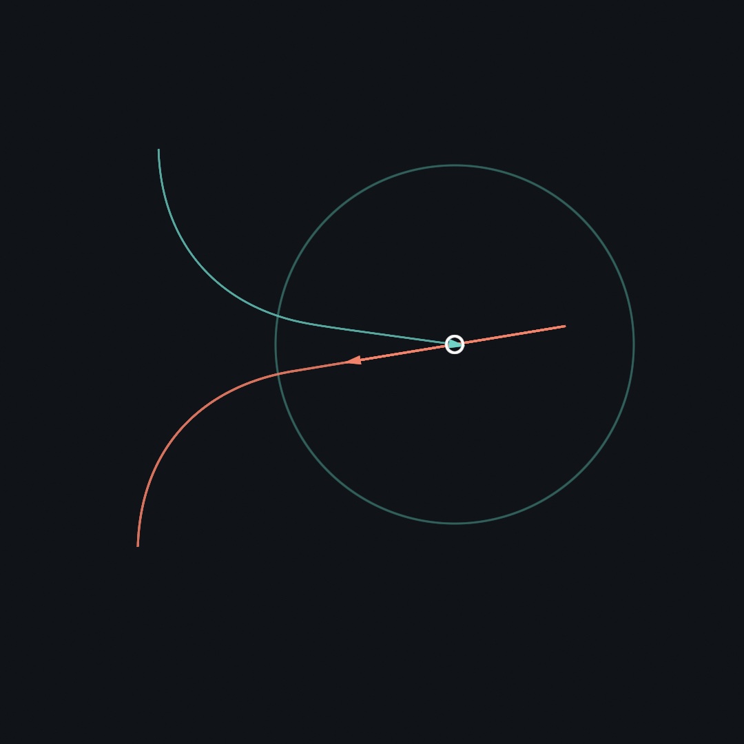 Two curved trails sweep toward a white ring on a dark canvas. The teal trail bends in and stops at the ring; the coral trail swings past it and back through it in a line, its creature caught mid-swing