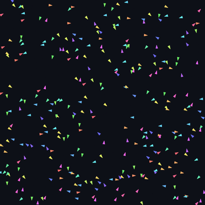 An animated flock of colored triangles starting scattered and gathering into swirling sub-flocks, each group sharing a color that shifts as it turns