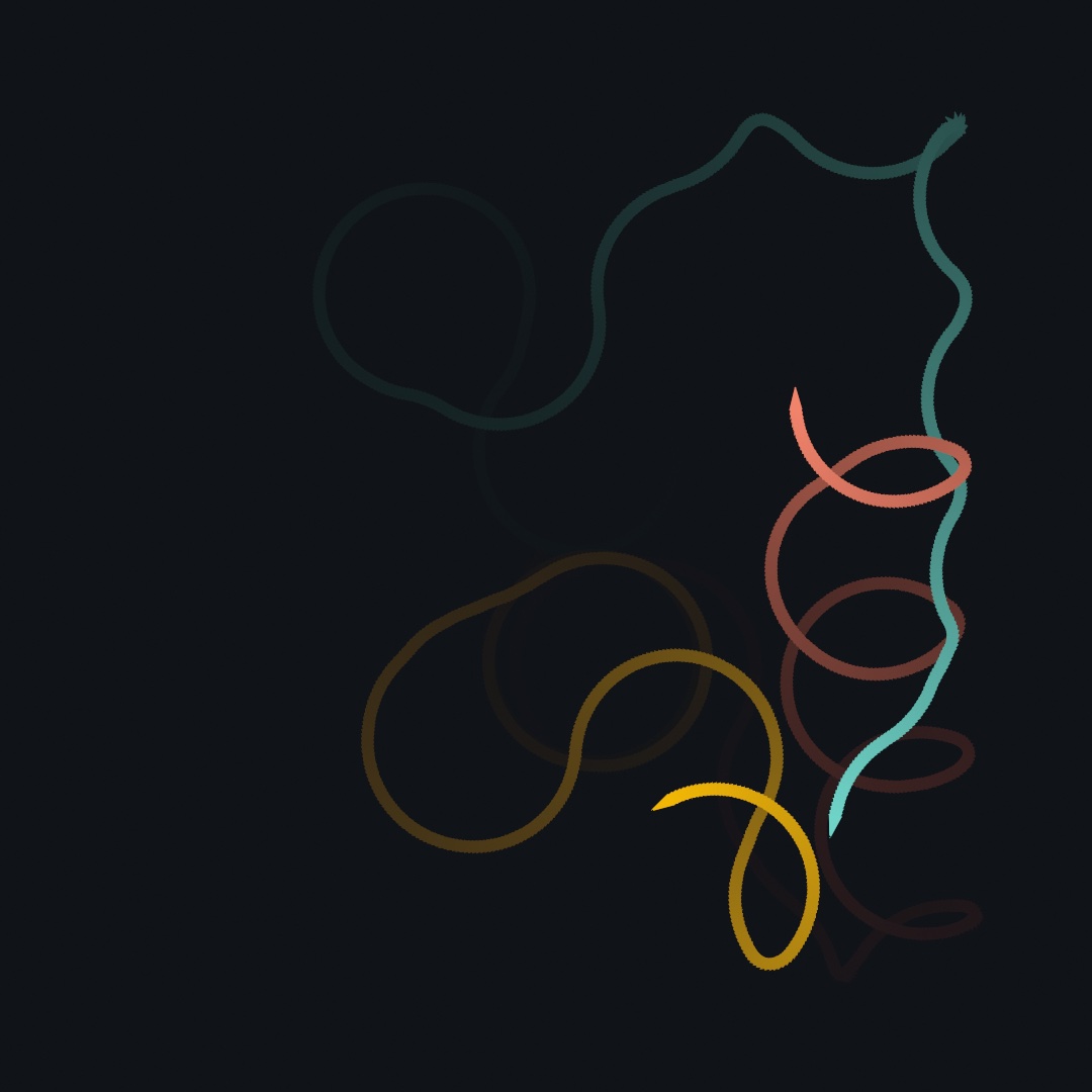 Three long looping trails in teal, gold, and coral meander over a dark canvas, fading toward their tails, each ending in a small triangle
