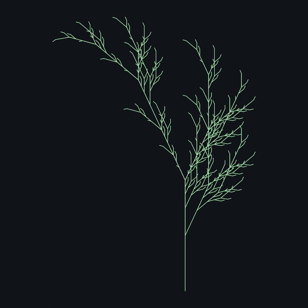 A drooping fern-like plant in soft green line work, grown from the plant grammar at five rewriting rounds