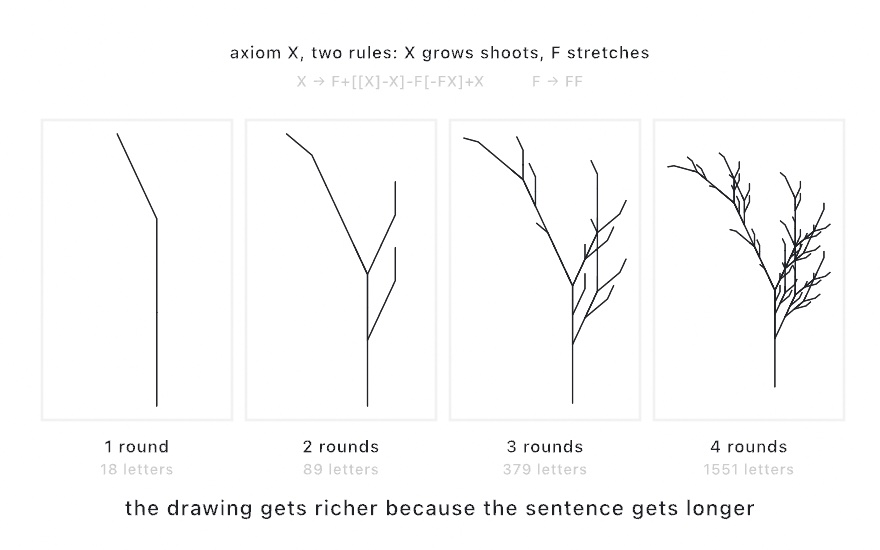 The same plant grammar drawn after one to four rounds of rewriting, growing from a bare stalk to a full fern, letter counts rising to 1551
