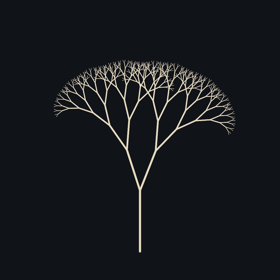 A bare fractal tree: one trunk splitting into two branches, each splitting again, nine levels deep