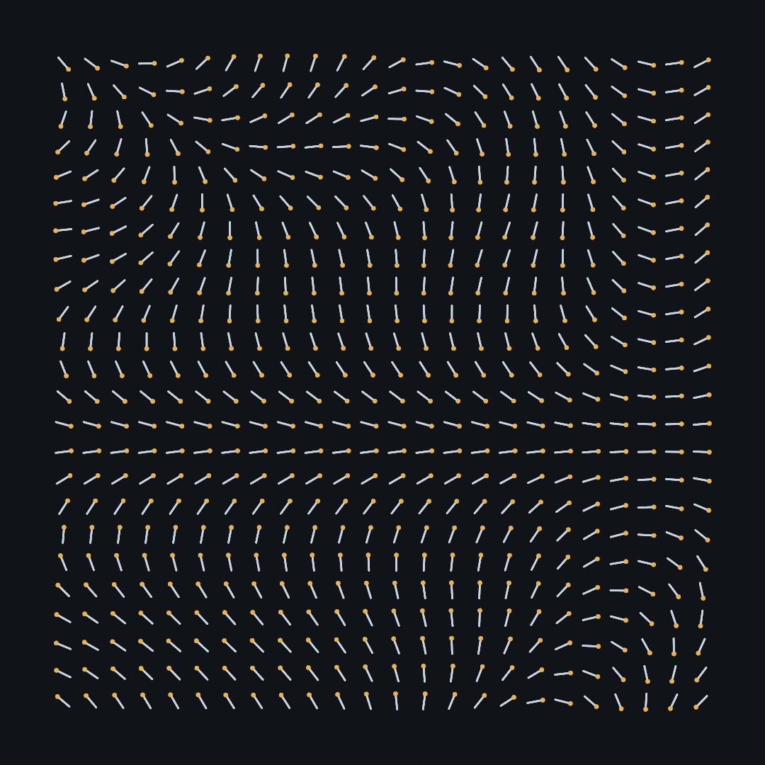 A grid of small pale needles on a dark canvas, each tipped with a gold dot, their directions changing smoothly across the canvas so currents and swirls show in the pattern