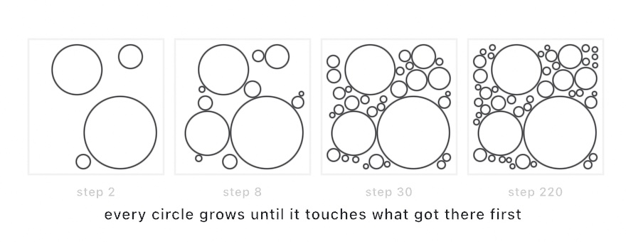 Four panels of the same seeded circle packing at step 2, 8, 30, and 220: a few large circles claim the space early and ever smaller circles fill the leftover gaps