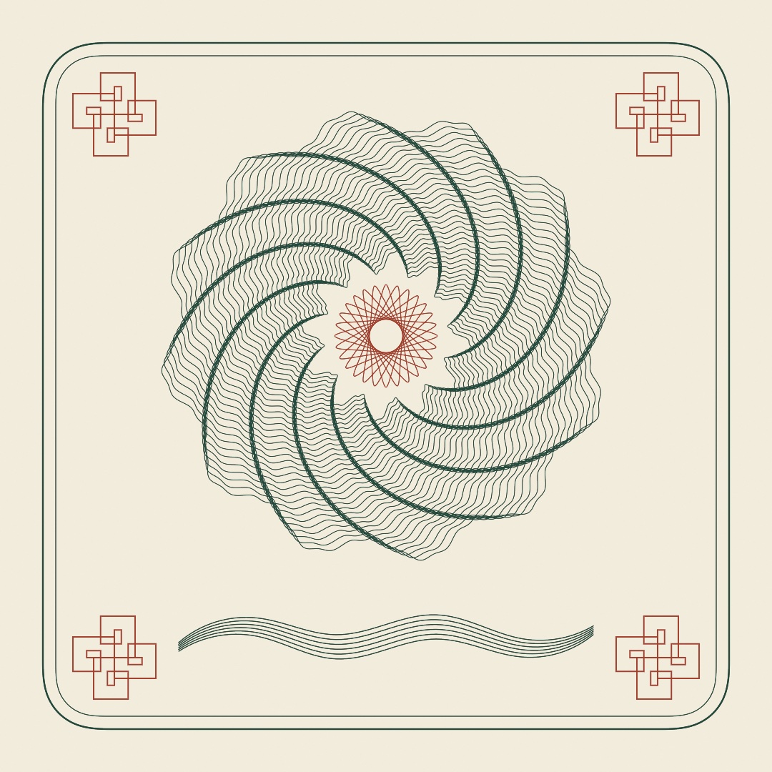 A two-ink engraved plate on cream paper: a green guilloche rosette with a red spirograph turning in its eye, a red square knot in each corner, a ribbon of six lines under the rosette, all inside a frame whose corners ease round