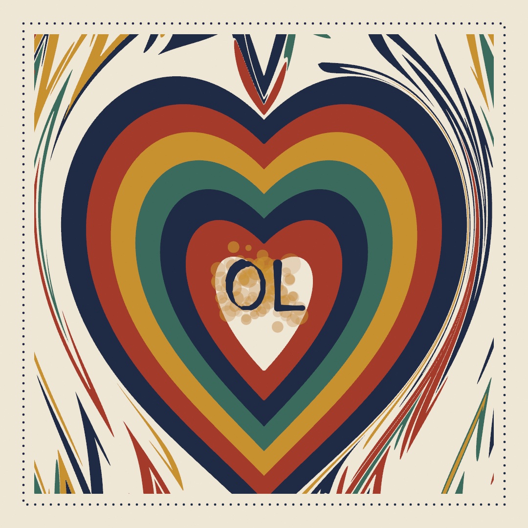 The initials OL in navy ink over a spray of gold, inside the pale core of a heart of marbled rings in navy, red, gold, and green, on a combed and feathered marbled sheet framed by a dotted rule
