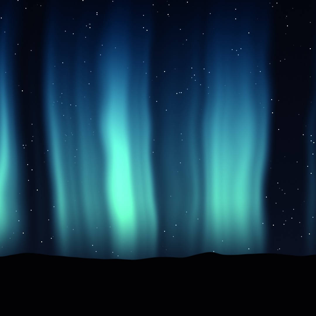 An aurora: teal and green curtains of light swaying against a deep blue night sky full of small stars, above a black mountain ridge