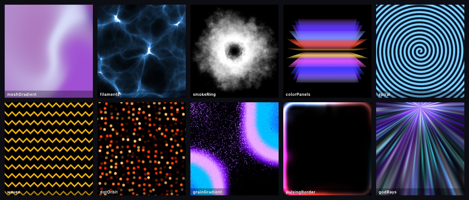Ten labeled tiles, each a design generator at its defaults: a violet mesh gradient, blue filaments, a white smoke ring, stacked color panels, a spiral, yellow waves, orbiting dots, a grainy gradient, a pulsing border, and god rays