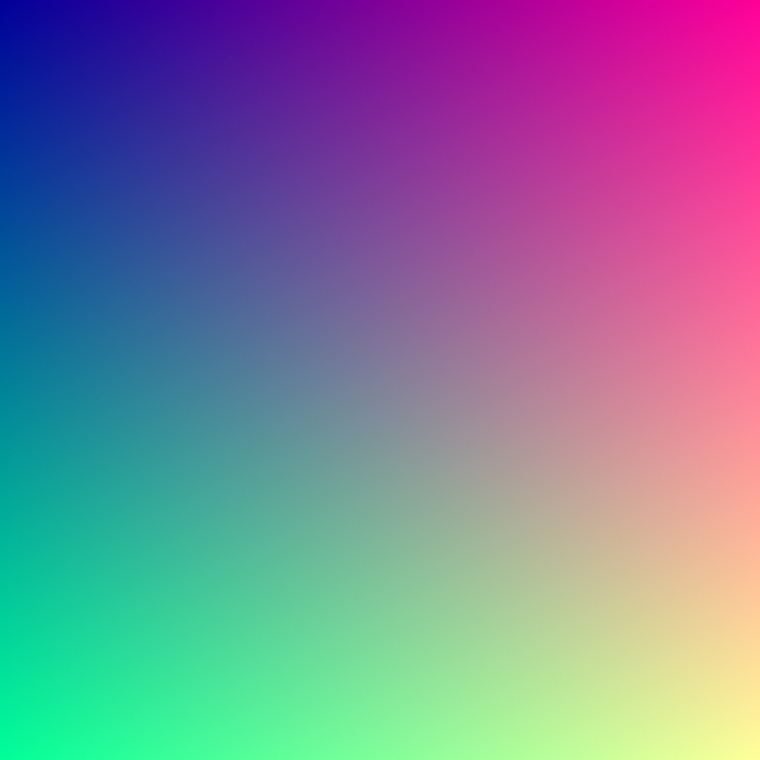 The first shader's output: a smooth gradient, dark blue at the top left corner, red growing to the right, green growing downward, meeting in pink and yellow