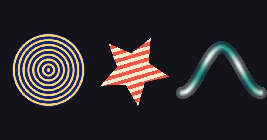 Three shapes painted by shaders on a dark ground: a disk ringed in gold and blue from its edge inward, a turned five-pointed star striped diagonally in coral and cream in its own frame, and a thick teal ribbon whose light pulses along it and fades toward its edges
