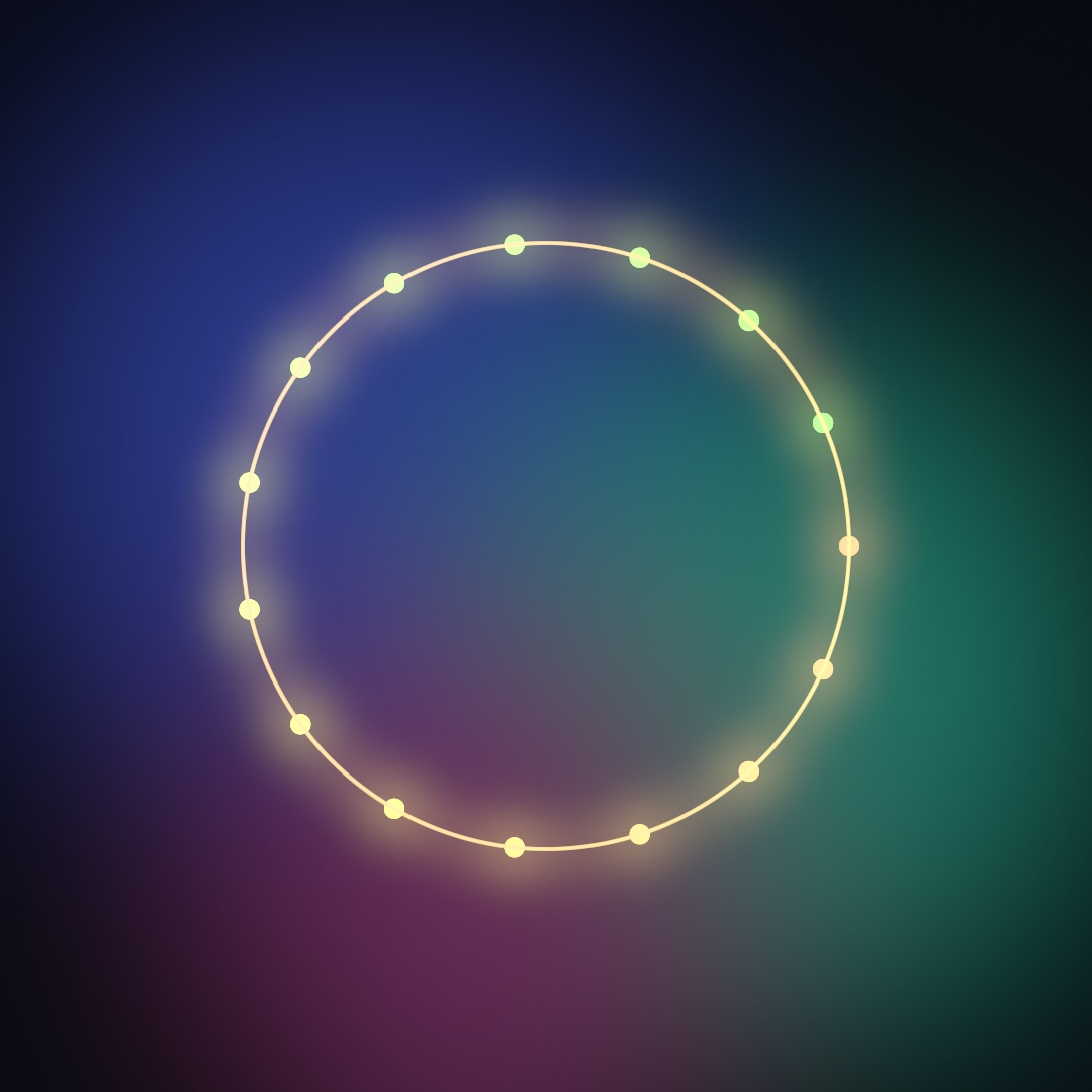 A ring of fifteen small warm lights and a thin gold circle glowing over a deeply blurred field of indigo, teal, and plum