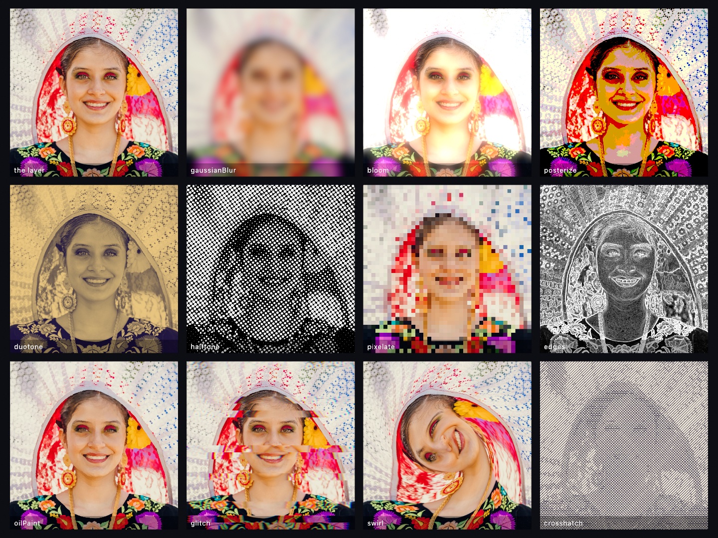 A twelve-tile contact sheet: one portrait of a young woman in a lace headdress shown plain and through gaussianBlur, bloom, posterize, duotone, halftone, pixelate, edges, oilPaint, glitch, swirl, and crosshatch filters