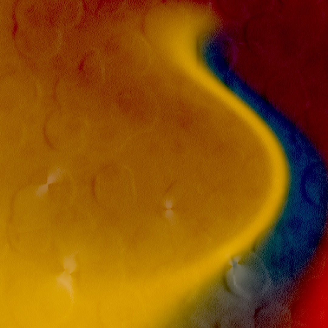 A poster-like wash of terracotta, teal, and amber blobs melting into each other, laid onto textured paper with visible grain and crumple creases