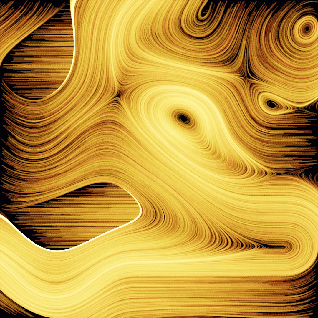 Golden streamlines built from hundreds of thousands of faint accumulated dots, swirling around eddies like polished wood grain made of light