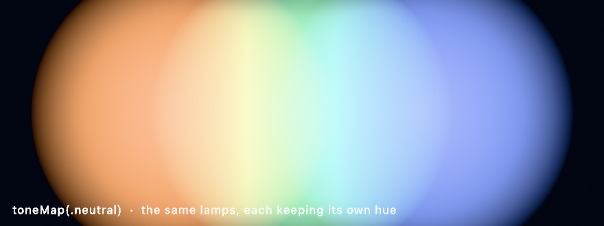 The same three lamps through the hue-preserving curve: each lamp's core keeps its own warm, mint, or blue hue where the film curve turned them toward a primary, and the roll-off is gentler