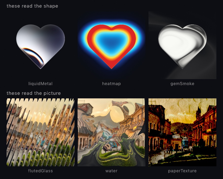 Six tiles in two labeled rows. The top row, 'these read the shape', shows the same heart silhouette as flowing chrome, as a red-and-blue thermal map with contour bands, and as pale swirling gem smoke. The bottom row, 'these read the picture', shows the same photograph of a hillside town behind angled glass flutes, refracted through rippling water, and pressed into a crumpled paper sheet