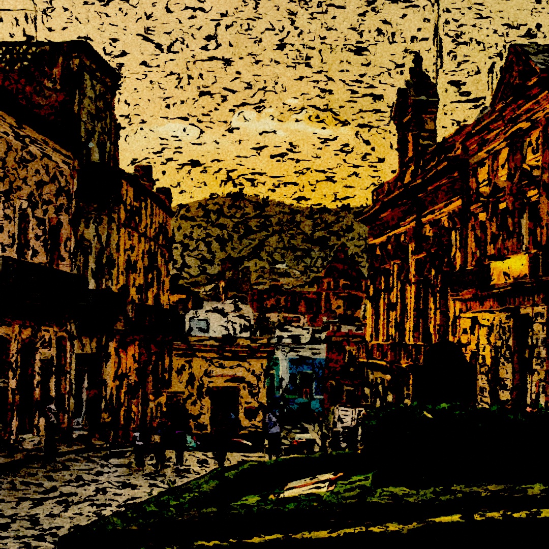 A street of colonial facades under a warm sky made into a hand-colored print: flat painted color under dark hatched line work, graded warm, grained like film, and pressed into paper