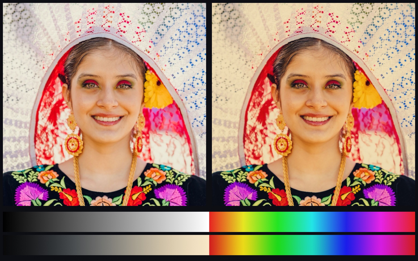 Two panels and two strips: a portrait of a young woman in a lace headdress plain on the left and through a warm print look on the right, her skin warmer and the shadows cooler; below them a gray ramp and a sweep of hues, each drawn plain above and through the same look beneath, the ramp's black lifted and its white held short of paper, the hues mostly held, with cyan turned toward teal